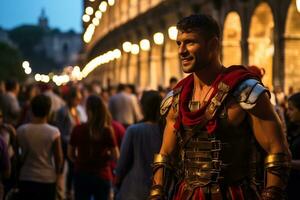 een straat performer gekleed net zo een Romeins gladiator een foto van een loper sprinten door een stad park ai generatief