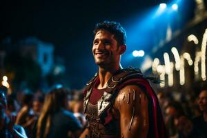 een straat performer gekleed net zo een Romeins gladiator een foto van een loper sprinten door een stad park ai generatief