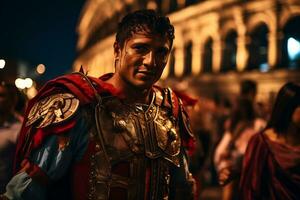 een straat performer gekleed net zo een Romeins gladiator een foto van een loper sprinten door een stad park ai generatief