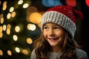 vrolijk meisje genieten van Kerstmis viering in winter kleding ai generatief foto