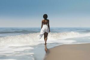 vrouw wandelen Aan de strand achterzijde visie. fotorealistisch afbeelding. ai gegenereerd. foto
