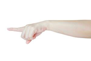 vrouw hand- aanraken of richten naar iets geïsoleerd Aan wit achtergrond foto