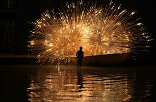 vuurwerk Aan een donker nacht. ai generatief foto