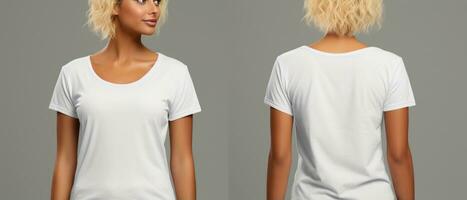 wit leeg t-shirt vrouw model- sjabloon mockup voor ontwerp voorkant en terug visie ai generatief foto