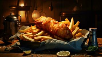 Brits traditioneel voedsel vis en chips Aan een houten oppervlak. foto