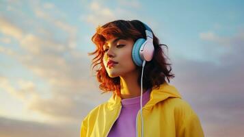 een mooi meisje in geel kleren en hoofdtelefoons luistert naar muziek- tegen een blauw lucht. ai gegenereerd. foto