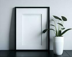 wit blanco kader mockup met zwart grens Aan muur en bloem ai genereren foto