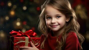 een weinig meisje houdt een geschenk doos met een Kerstmis of nieuw jaar geschenk. ai gegenereerd foto
