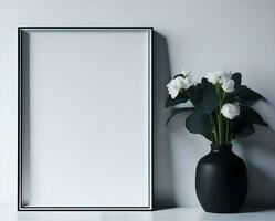 wit blanco kader mockup met zwart grens Aan muur en bloem ai genereren foto