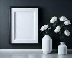 wit blanco kader mockup met zwart grens Aan muur en bloem ai genereren foto