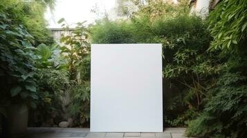 leeg wit banier met bespotten omhoog ruimte wit van uithangbord Aan planten muur ruimte voor tekst foto