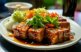 gebakken stinkend tofu geserveerd met gepekeld groenten en saus. over- een gerecht, geserveerd Aan plastic. ai generatief foto