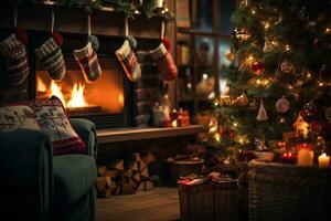 Kerstmis kousen naast een haard in voorkant van geschenken, gelukkig tijd in de huis Kerstmis foto