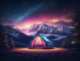neon licht camping tent Aan de top van berg in de nacht tijd met melkachtig manier achtergrond. foto