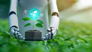 duurzame ontwikkeling doel concept, robot hand- Holding klein planten met milieu pictogram, groen technologie en milieu technologie, kunstmatig intelligentie- en technologie ecologie, ai generatief foto