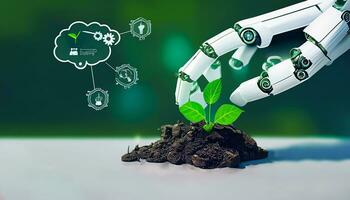 duurzame ontwikkeling doel concept, robot hand- Holding klein planten met milieu pictogram, groen technologie en milieu technologie, kunstmatig intelligentie- en technologie ecologie, ai generatief foto