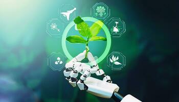 duurzame ontwikkeling doel concept, robot hand- Holding klein planten met milieu pictogram, groen technologie en milieu technologie, kunstmatig intelligentie- en technologie ecologie, ai generatief foto