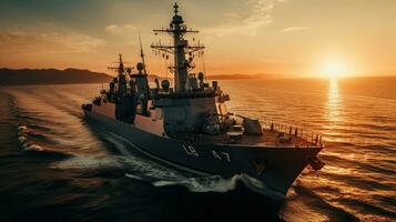 zonsondergang over- een marine schip Aan de Open zee foto