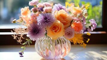 helder gekleurde bloemen en groen in een glas vaas foto