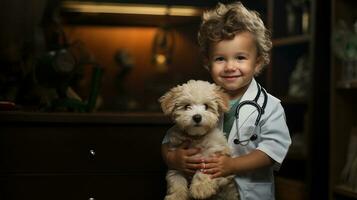 portret van een schattig weinig jongen dierenarts spelen met zijn hond. foto