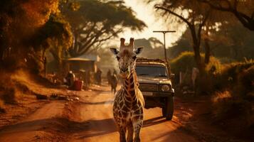 giraffe tegen safari suv in de savanne van Afrika, Kenia, Afrika foto