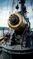 detailopname van een marine- kanon Aan de schip foto