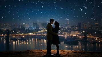 een romantisch tafereel met een paar tegen een nacht stad achtergrond. foto