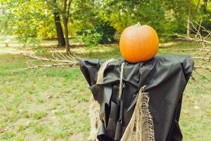 halloween heks vogelverschrikker met pompoen hoofd en herfst buitenshuis decoratie. werf decor en vakantie decor ideeën voor feest. selectief focus, kopiëren ruimte foto