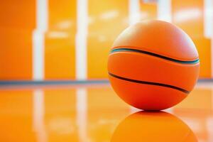 basketbal bal in Sportschool, dichtbij omhoog, oranje bakgrond. kopiëren ruimte. generatief ai foto