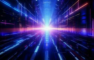 abstract futuristische technologisch achtergrond met netwerk, enorm gegevens, se rver, internetten, en snelheid lijnen. in een tunnel van modern technologie, abstract neon lichten. ai generatief foto
