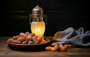 tafelblad beeld van Ramadan kareem decoratie, datums fruit, aladdin lamp, en rozenkrans kralen Aan donker steen achtergrond. kopiëren ruimte in een vlak leggen. ai generatief foto