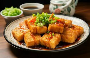 gebakken stinkend tofu geserveerd met gepekeld groenten en saus. over- een gerecht, geserveerd Aan plastic. ai generatief foto