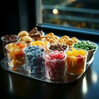 Daar zijn divers snacks in transparant plastic cups divers snacks Aan de tafel. ai generatief foto