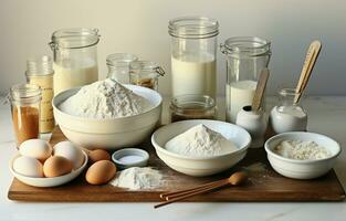 maken verschillend versies van beeld met ingrediënten en gereedschap voor bakken in een witte stijl keuken. ai generatief foto