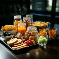 Daar zijn divers snacks in transparant plastic cups divers snacks Aan de tafel. ai generatief foto