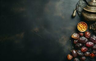 tafelblad beeld van Ramadan kareem decoratie, datums fruit, aladdin lamp, en rozenkrans kralen Aan donker steen achtergrond. kopiëren ruimte in een vlak leggen. ai generatief foto