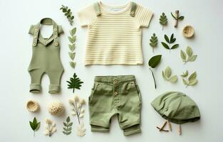 samenstelling van baby kledingstukken in vlak leggen. milieuvriendelijk natuurlijk mode. top schot van kleuter stijl accessoires geïsoleerd Aan wit achtergrond. ai generatief foto