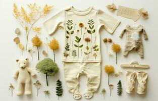 samenstelling van baby kledingstukken in vlak leggen. milieuvriendelijk natuurlijk mode. top schot van kleuter stijl accessoires geïsoleerd Aan wit achtergrond. ai generatief foto