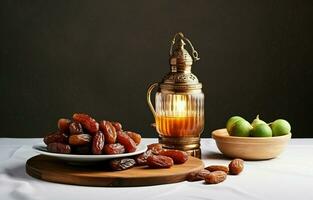 tafelblad beeld van Ramadan kareem decoratie, datums fruit, aladdin lamp, en rozenkrans kralen Aan donker steen achtergrond. kopiëren ruimte in een vlak leggen. ai generatief foto