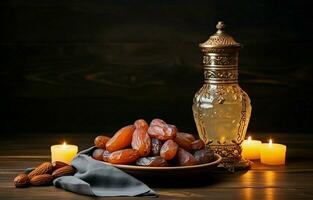 tafelblad beeld van Ramadan kareem decoratie, datums fruit, aladdin lamp, en rozenkrans kralen Aan donker steen achtergrond. kopiëren ruimte in een vlak leggen. ai generatief foto