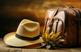 Aan een houten achtergrond, een detailopname van een zak met een paspoort en Ingepakt kleren. de concept van reizen en vakantie. ai generatief foto