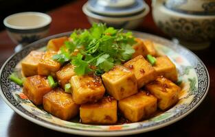 gebakken stinkend tofu geserveerd met gepekeld groenten en saus. over- een gerecht, geserveerd Aan plastic. ai generatief foto