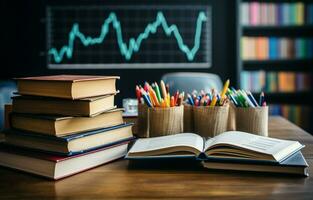 boeken Aan de tafel tegen een backdrop van schoolbord grafieken en grafieken beeltenis groei en val. school- van bedrijf onderwijs. ai generatief foto