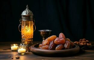 tafelblad beeld van Ramadan kareem decoratie, datums fruit, aladdin lamp, en rozenkrans kralen Aan donker steen achtergrond. kopiëren ruimte in een vlak leggen. ai generatief foto