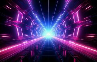 abstract futuristische technologisch achtergrond met netwerk, enorm gegevens, se rver, internetten, en snelheid lijnen. in een tunnel van modern technologie, abstract neon lichten. ai generatief foto