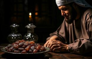 een midden- oostelijk Mens is bidden gedurende Ramadan. hij eet datums en drankjes water. ai generatief foto