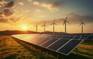 de generatie van duurzame groen energie gebruik makend van zonne- energie paneel fotovoltaïsche cellen en wind turbine boerderijen is een vriendelijk onderneming. concept van schoon, duurzame ontwikkeling. ai generatief foto