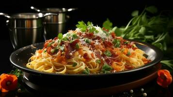 spaghetti met paddestoelen, Parmezaanse kaas kaas en vlees. ai gegenereerd. foto