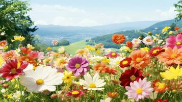 kleurrijk natuurlijk voorjaar landschap met met bloemen, selectief focus, generatief ai illustratie foto