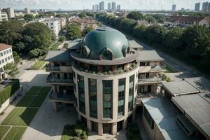 harmonisch groen gebouw omarmen de aarde. ai gegenereerd. foto